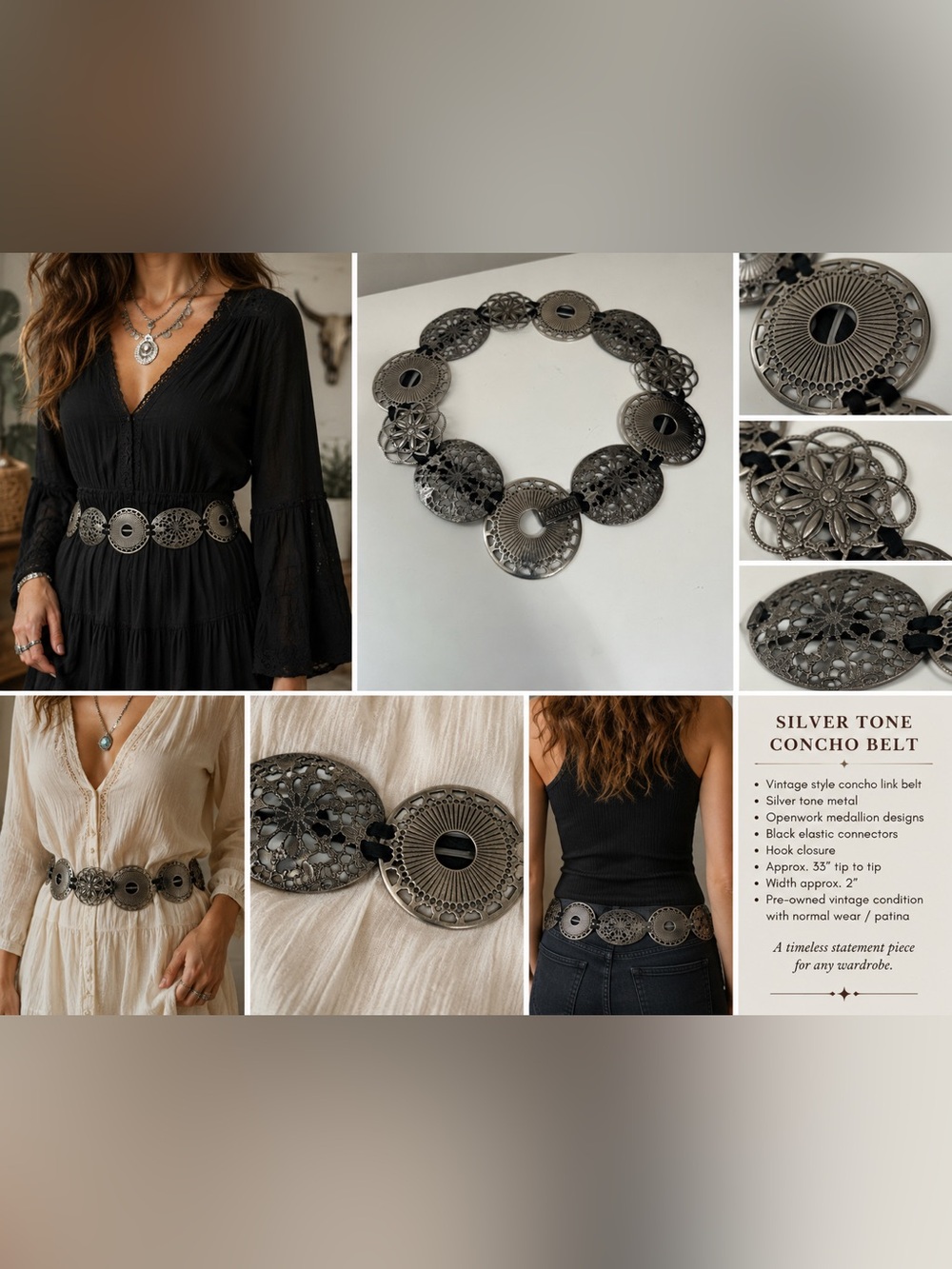 Brighton Style Silver Tone Concho Link Belt 33" Western Boho Medallion Disc Belt